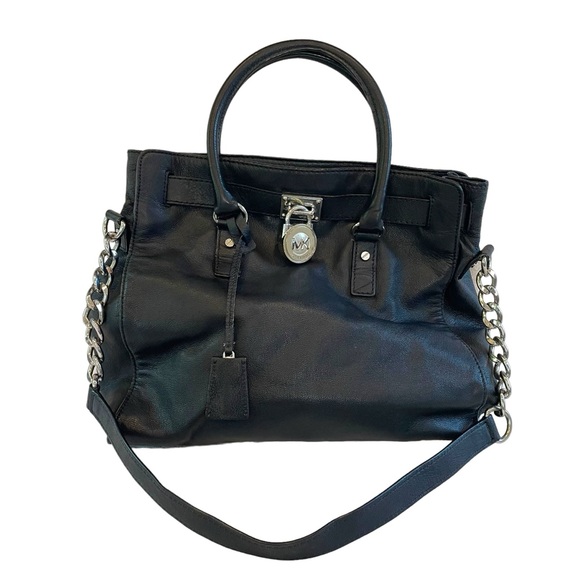 Michael Kors Hamilton Leather Satchel Black With Silver Lock & Chain Large - Picture 3 of 16